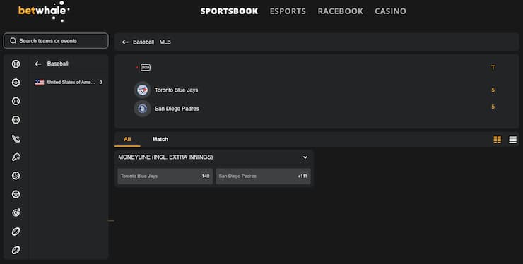 A view of MLB lines at BetWhale, part of the top Maine sportsbooks.